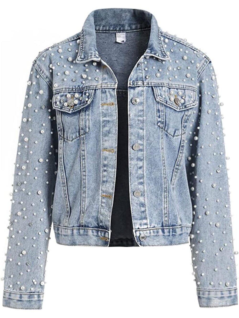 〽️Women's Blue Pearl Rhinestone Cropped Denim Jacket Jean Coat